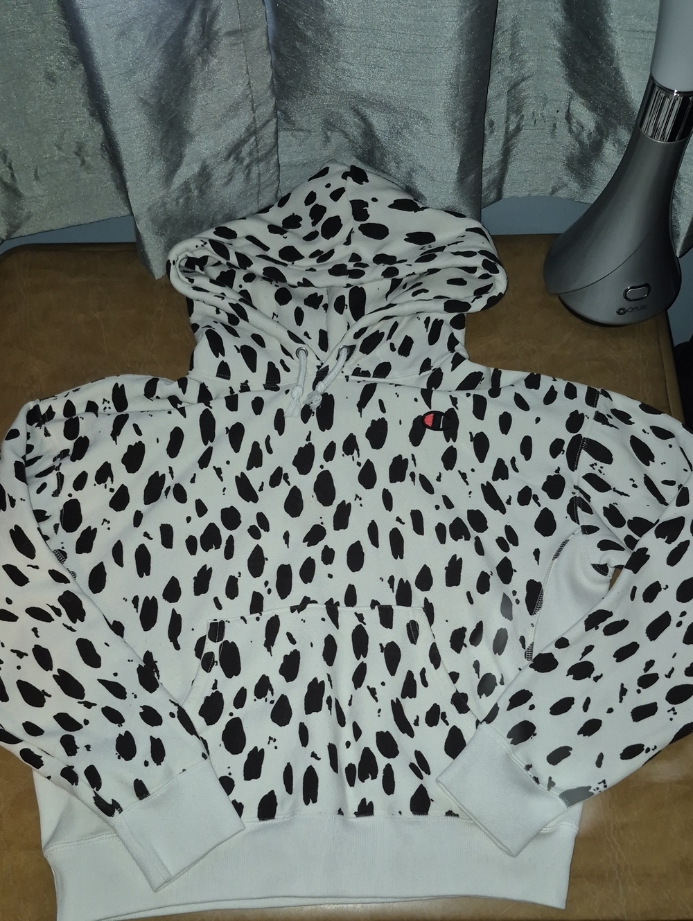 Champion White Hoodie with Black Dalmatian Spot Print Size L